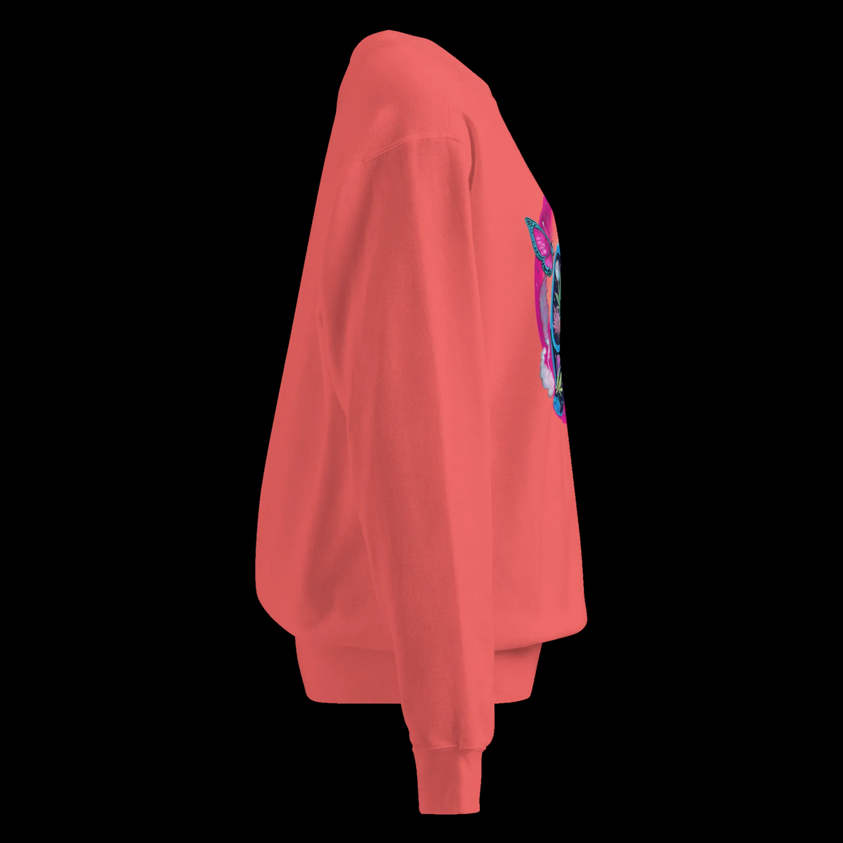 Right-side view of the Watermelon Butterfly Lungs unisex sweatshirt showing its relaxed fit and partial artwork.