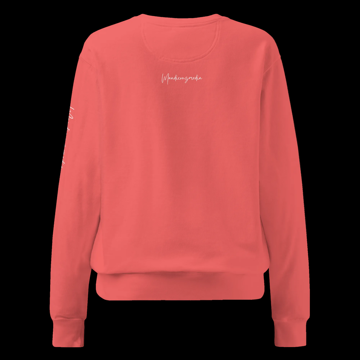Back view of the Watermelon Butterfly Lungs unisex sweatshirt featuring the small white Mandi Cruz Media signature below the neckline.