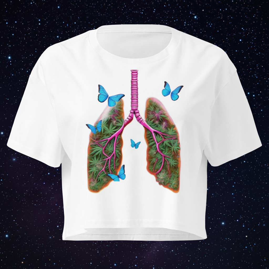 Front view of the white women’s crop top featuring Butterfly Lungs artwork with botanical and celestial details.