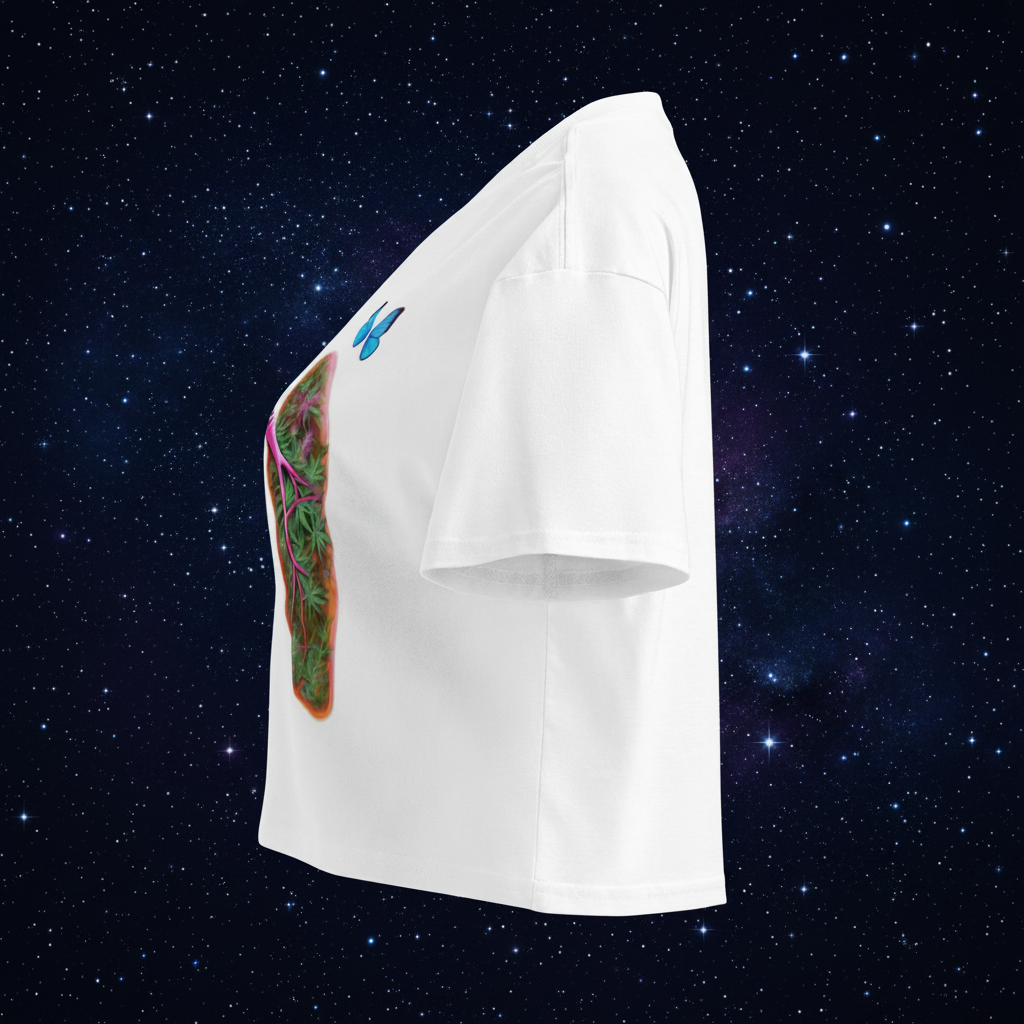 Left-side view of the white Butterfly Lungs crop top showing its relaxed sleeve, cropped hem and partial front artwork.