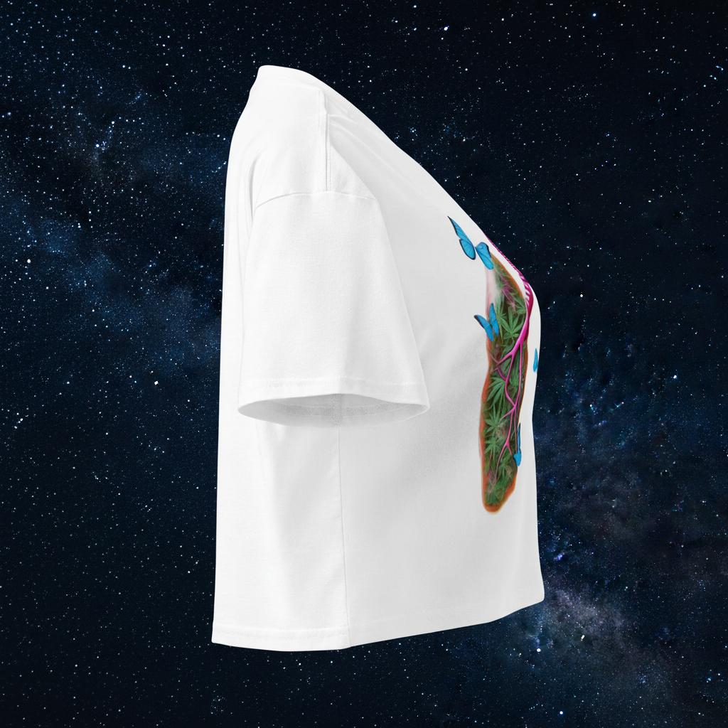 Right-side view of the white Butterfly Lungs crop top showing its relaxed fit, cropped hem and partial front