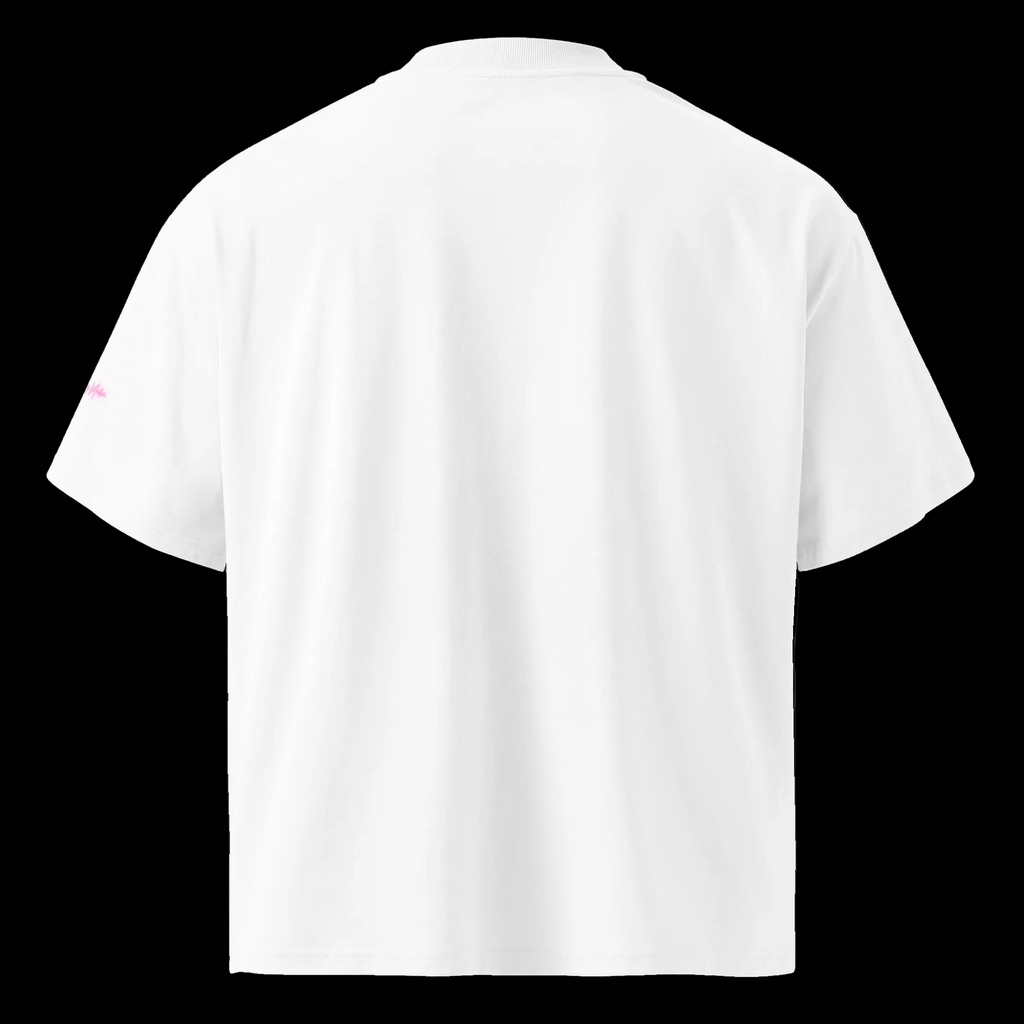 Back view of the white Caryophyllene Grounds Me oversized organic tee with a plain back, wide sleeves and dropped shoulders.