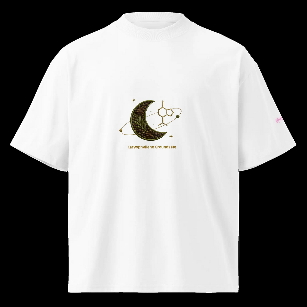 Front view of the white oversized organic tee with a botanical crescent, caryophyllene molecule and Caryophyllene Grounds Me design.