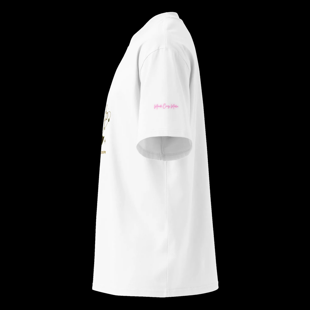 Left-side view of the white oversized high-neck tee featuring the pink Mandi Cruz Media signature on the sleeve.