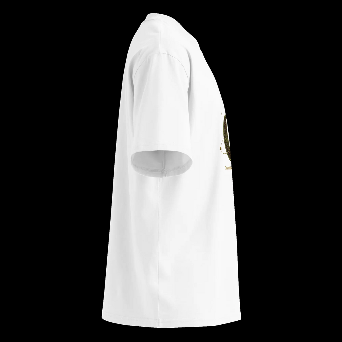 Right-side view of the white oversized high-neck tee showing its boxy silhouette and partial Caryophyllene Grounds Me front artwork