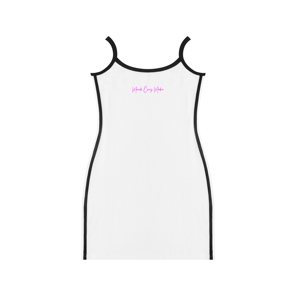 Back product view of the white bodycon mini dress with black contrast straps, black side trim, and a pink Mandi Cruz Media signature.
