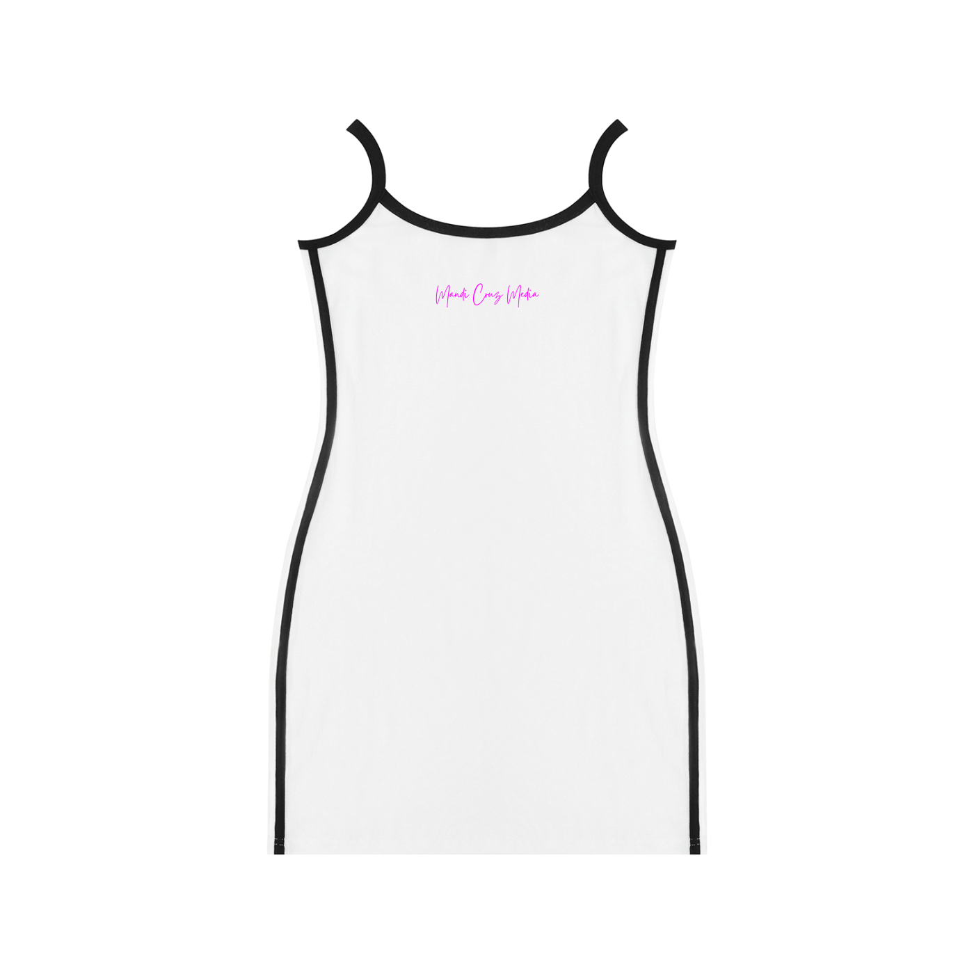 Back product view of the white bodycon mini dress with black contrast straps, black side trim, and a pink Mandi Cruz Media signature.