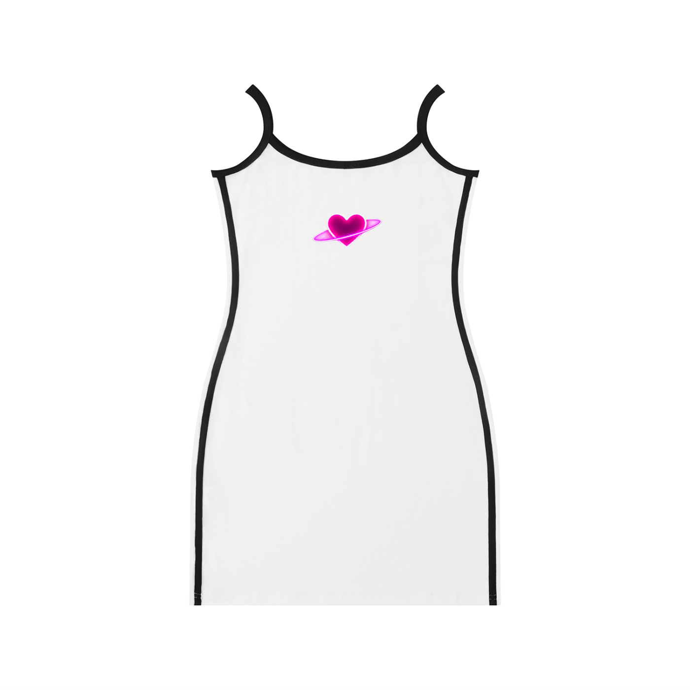 Front product view of the white fitted mini dress with black contrast piping and a glowing neon-pink planetary heart graphic by Mandi Cruz Media.