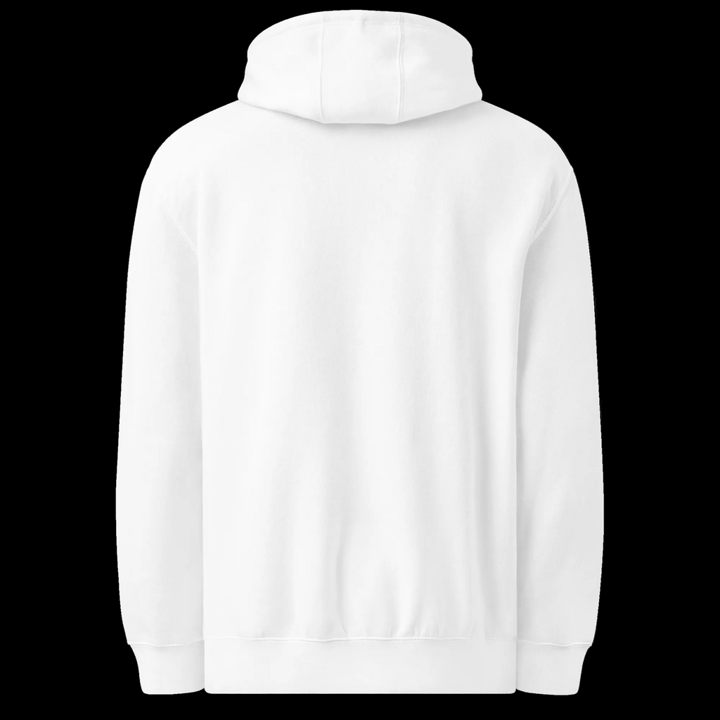 Back view of the white unisex Mandi Cruz Media premium midweight hoodie showing the plain back, hood and ribbed hem.