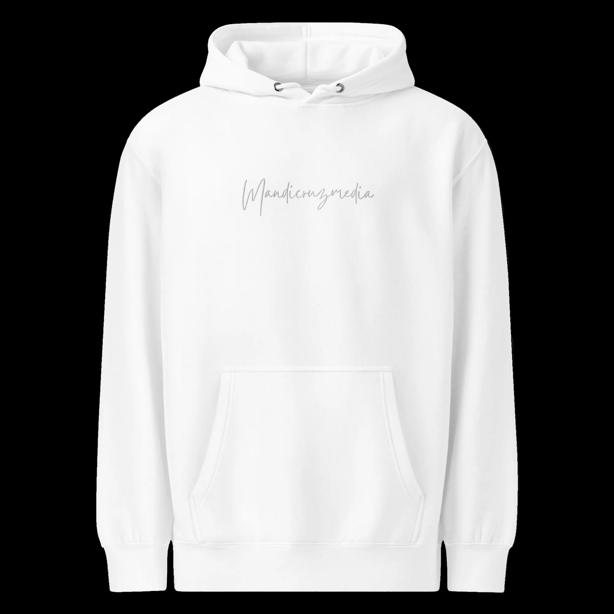 Front view of the white unisex Mandi Cruz Media premium midweight hoodie with subtle grey script logo and kangaroo pocket.