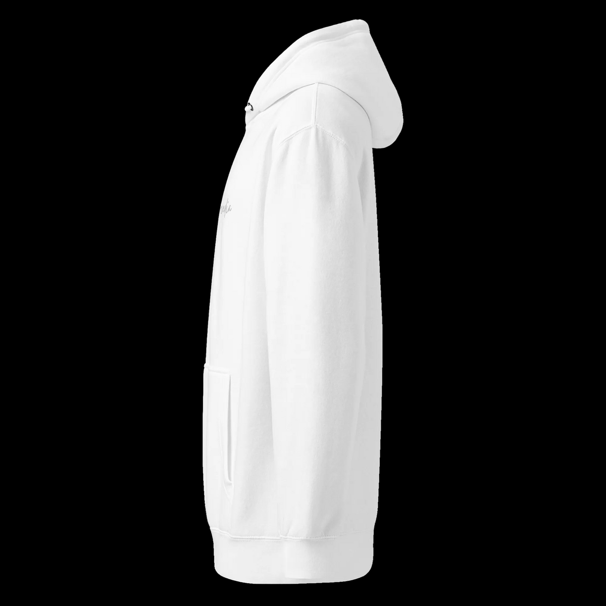 Left-side view of the white unisex hoodie showing its hooded profile, long sleeve, pocket and partial chest logo.