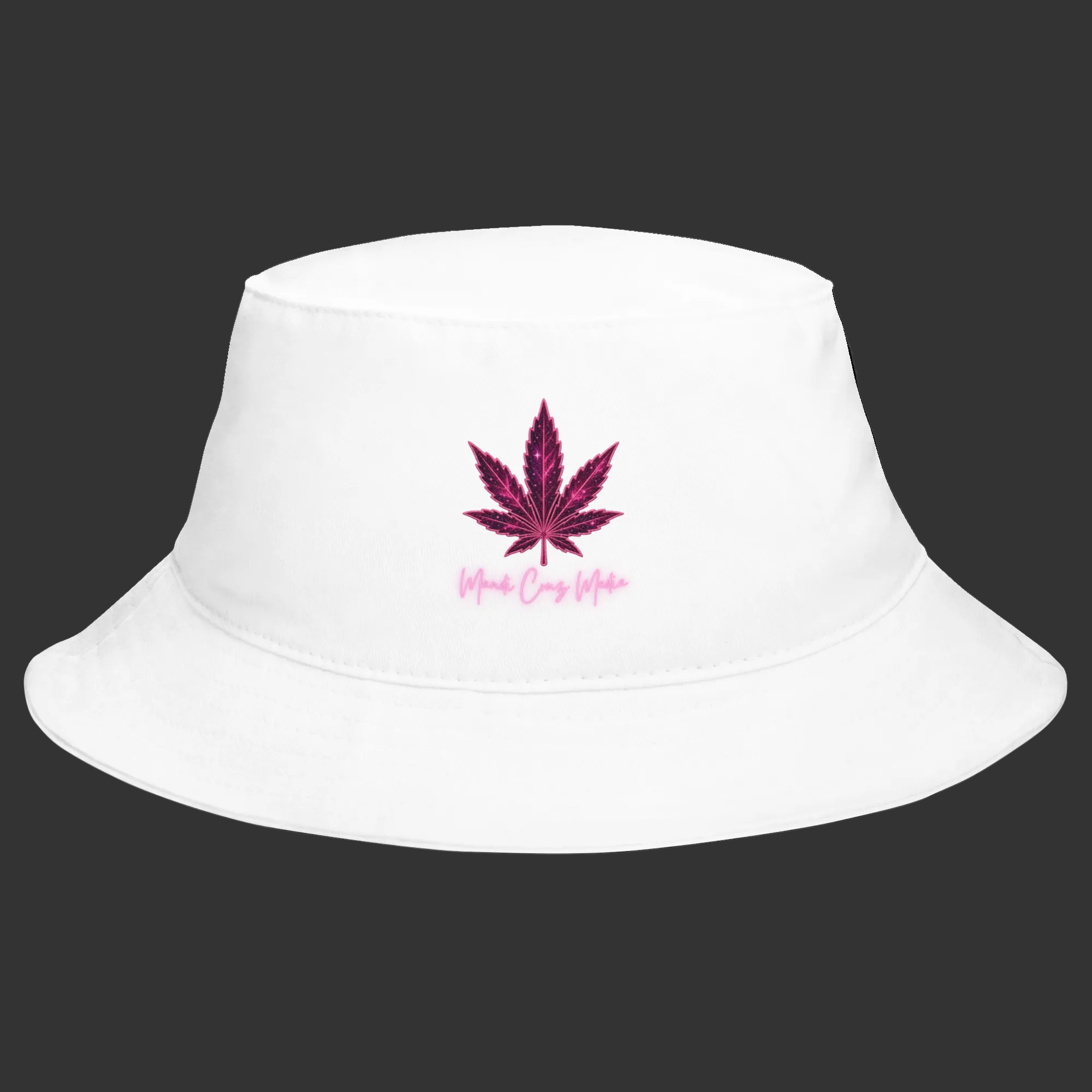 Front product view of the white cotton bucket hat embroidered with the signature pink Mandi Cruz Media leaf design.