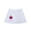 Front product view of the white high-waist A-line skirt with pockets, wrap-style opening, pink leaf graphic, and Mandi Cruz Media logo.