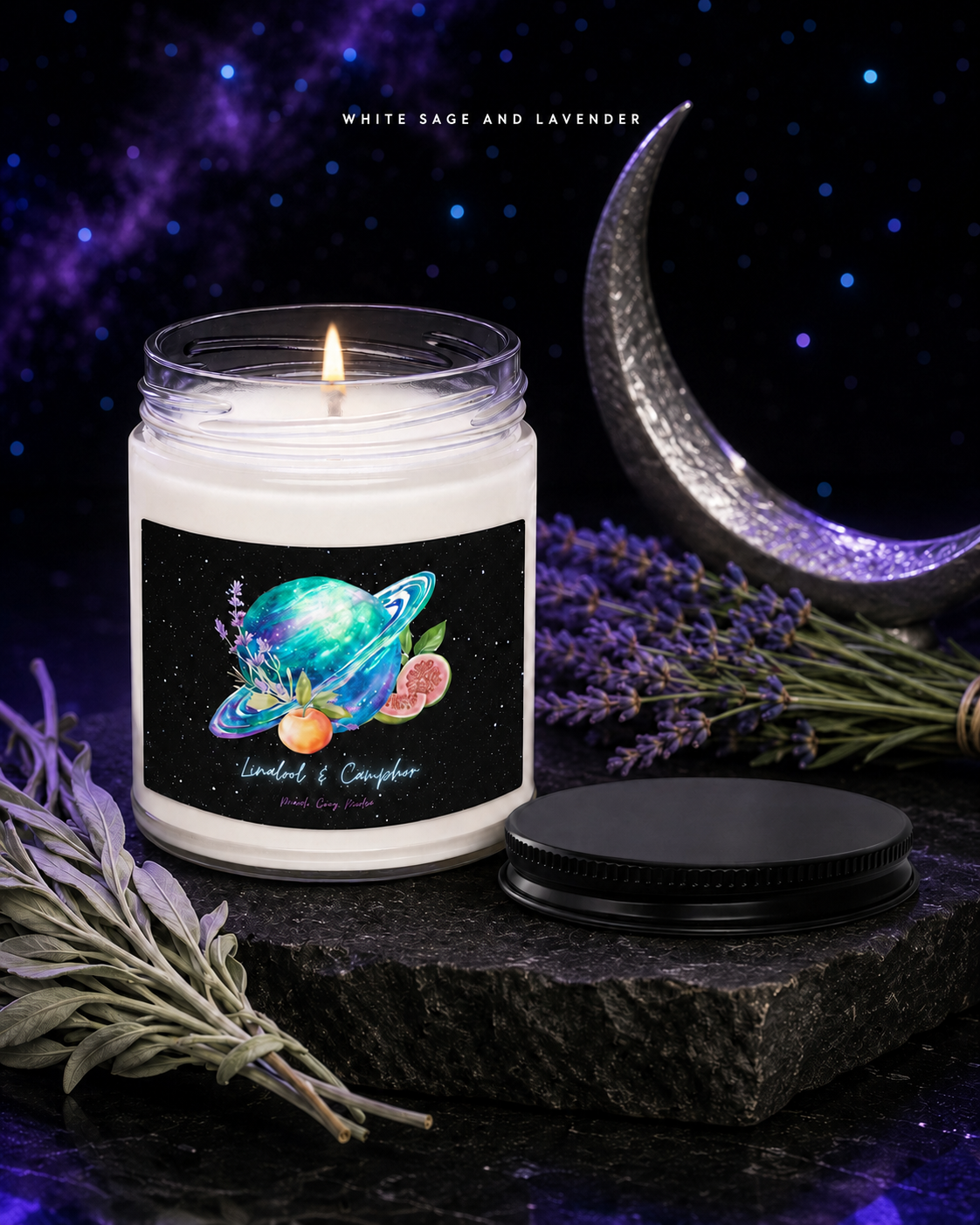 White Sage and Lavender soy candle styled with sage leaves, lavender sprigs and a silver crescent moon.
