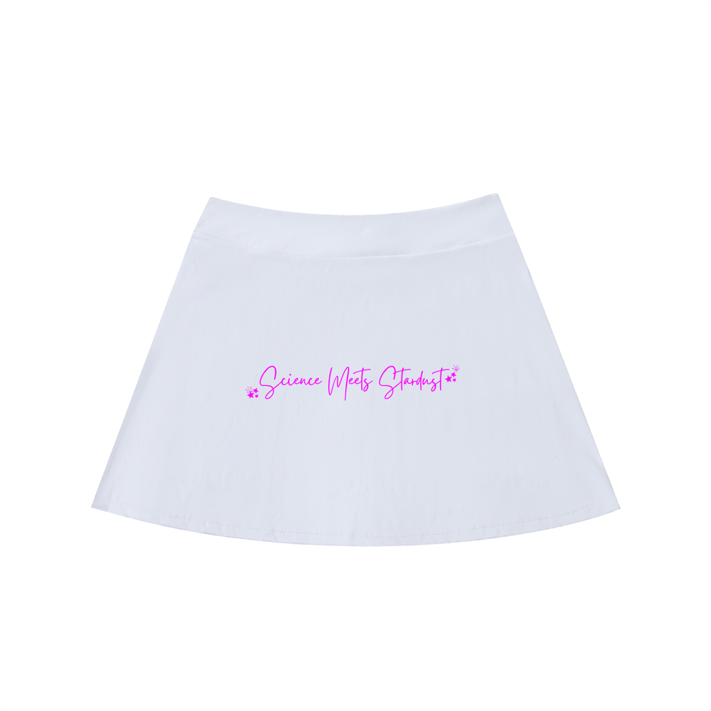 Back product view of the white high-waist A-line skirt featuring the pink Science Meets Stardust script and star accents.