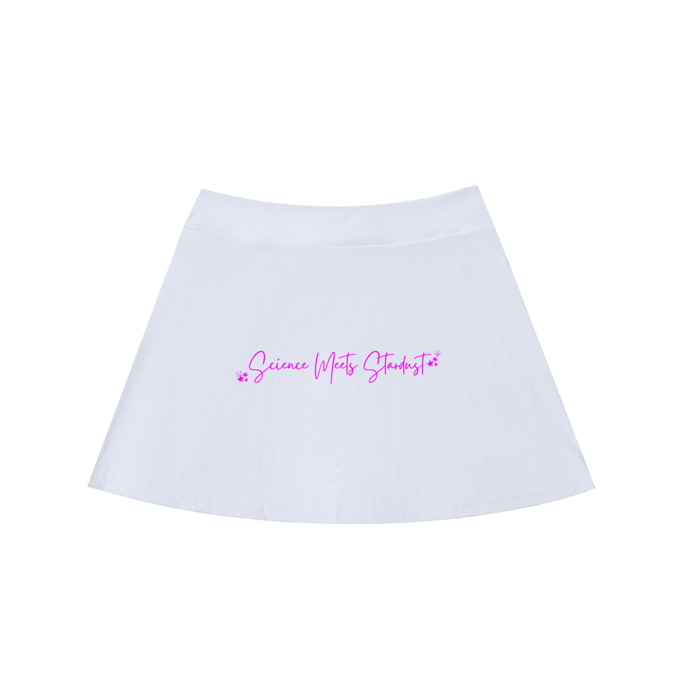 Back product view of the white high-waist A-line skirt featuring the pink Science Meets Stardust script and star accents.