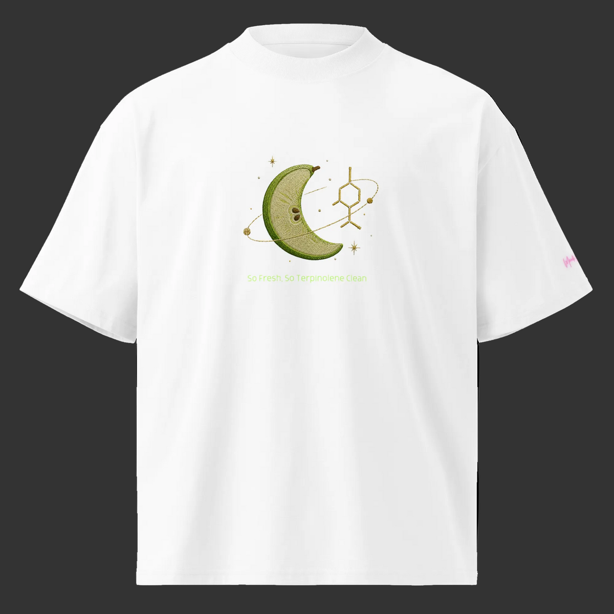 Front view of the white oversized organic tee with green melon crescent, terpene molecule and celestial artwork.