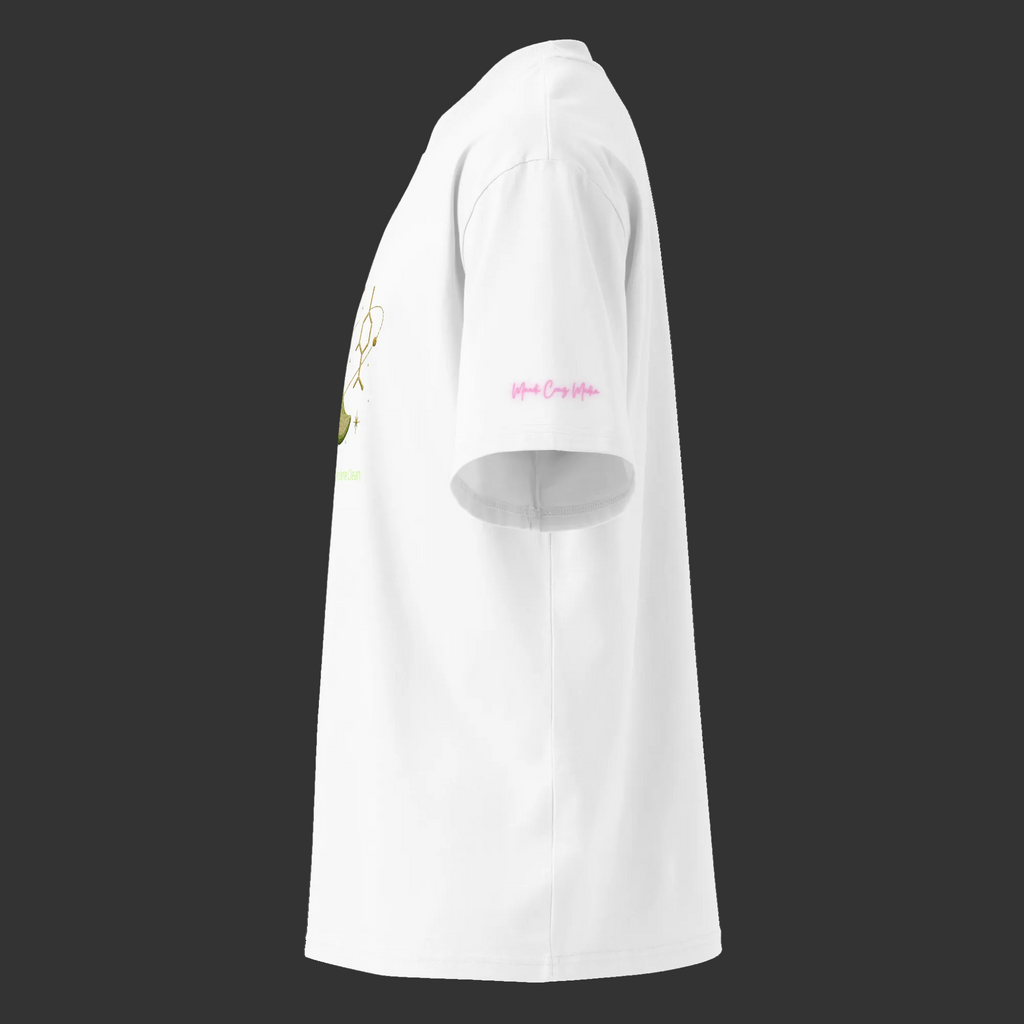 Left-side view of the white oversized high-neck tee showing its relaxed fit and pink sleeve signature.