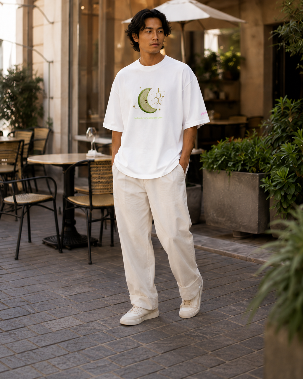 Man modeling the white So Fresh, So Terpinolene Clean oversized tee outside a warm modern café.