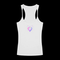White slim fit ribbed racerback tank top with pink and blue cosmic heart graphic
