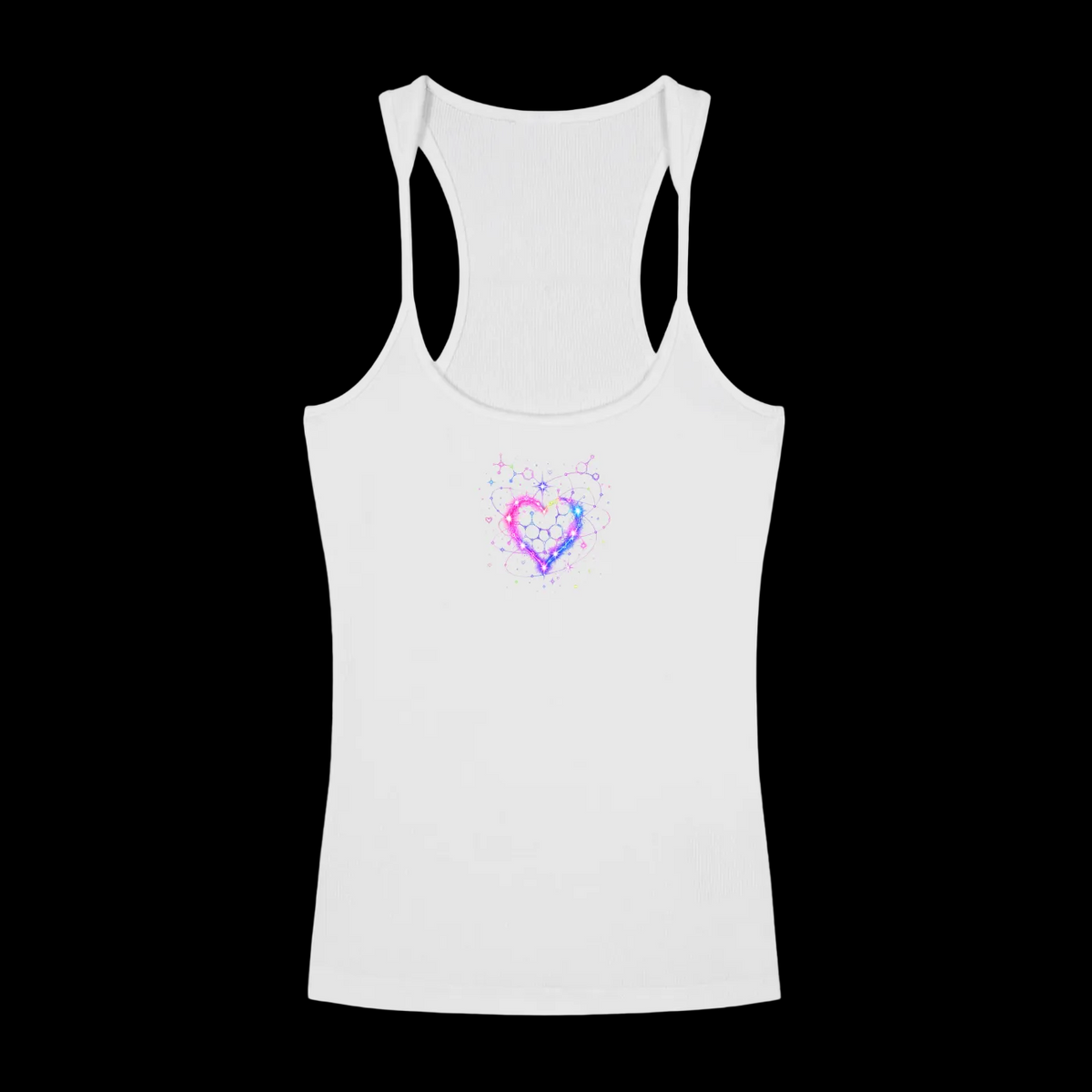 White slim fit ribbed racerback tank top with pink and blue cosmic heart graphic
