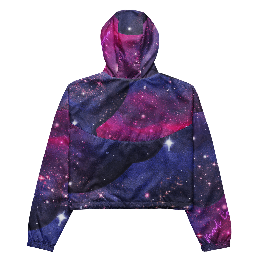 Back product view of the women’s galaxy cropped windbreaker showing its curved panel seams, starry print, hood and branded sleeve detail