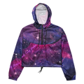 Front product view of the women’s cropped windbreaker featuring a pink, purple and indigo galaxy print with Mandi Cruz Media script.