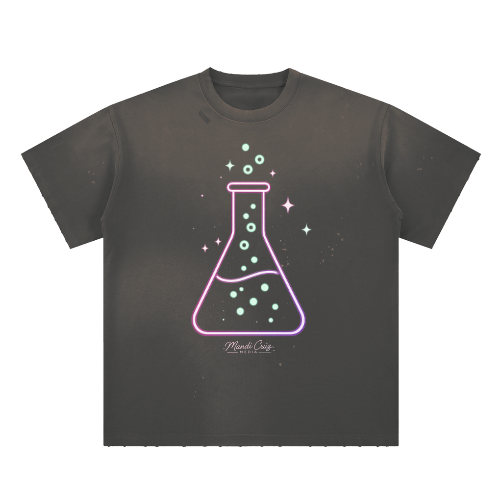 Front view of gray Beaker™ hand-frayed sunfade T-shirt by Mandi Cruz Media with vintage wash and paint-splatter detailing.