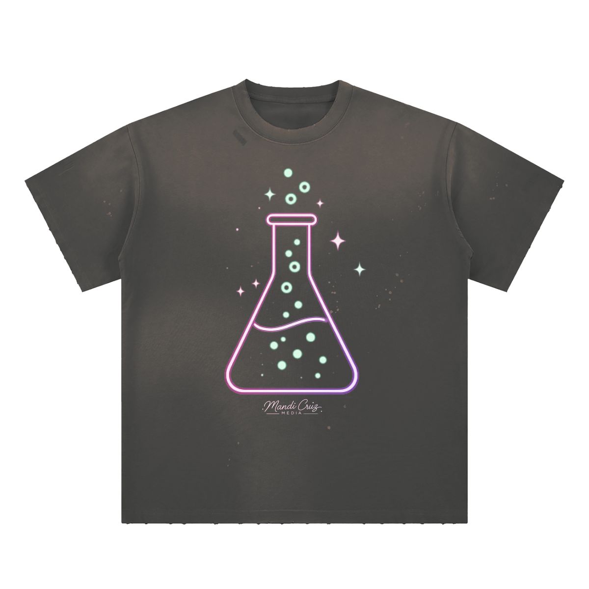 Front view of gray Beaker™ hand-frayed sunfade T-shirt by Mandi Cruz Media with vintage wash and paint-splatter detailing.