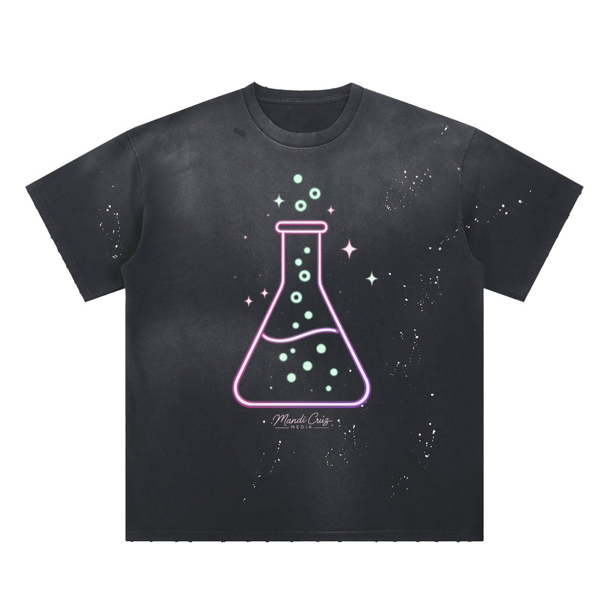 Front view of black Beaker™ hand-frayed sunfade T-shirt by Mandi Cruz Media with oversized fit and paint-splatter finish.