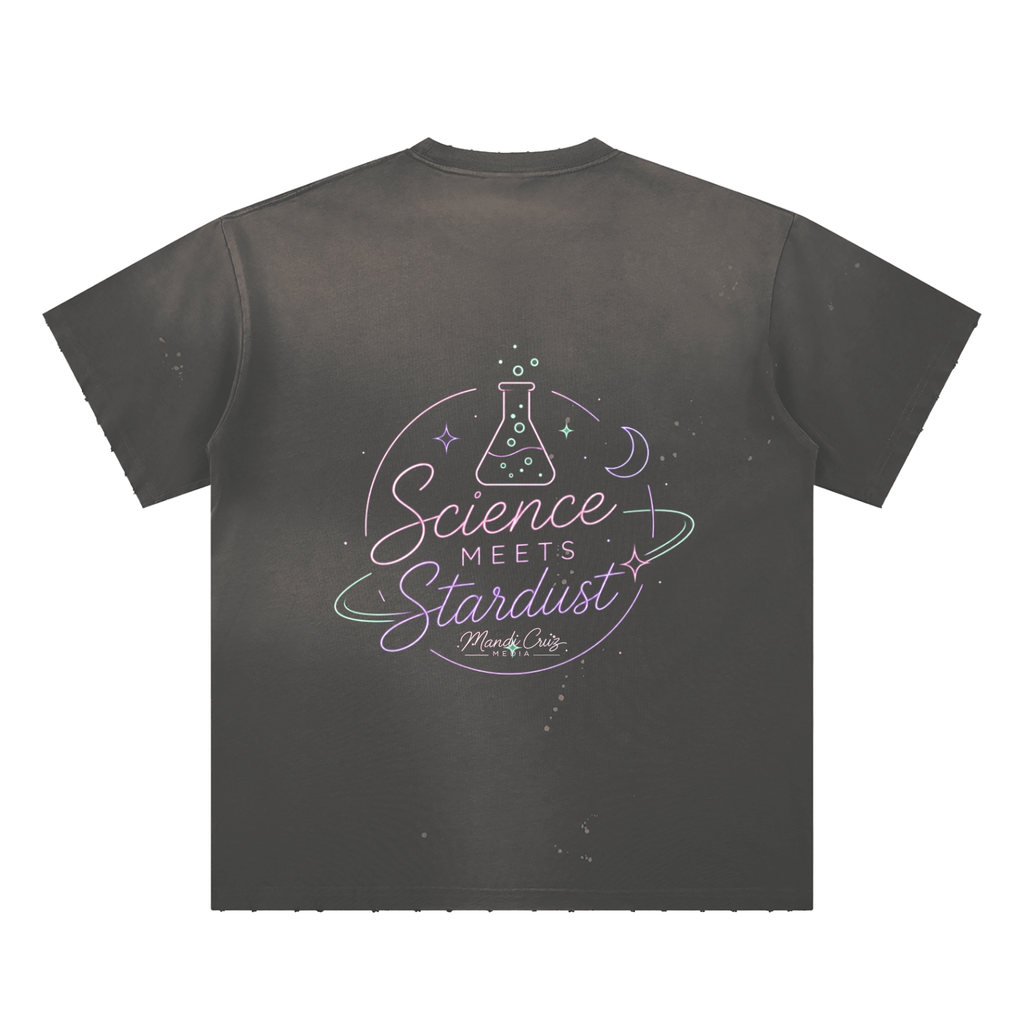 Back view of gray Beaker™ hand-frayed sunfade T-shirt by Mandi Cruz Media featuring original science-inspired artwork.