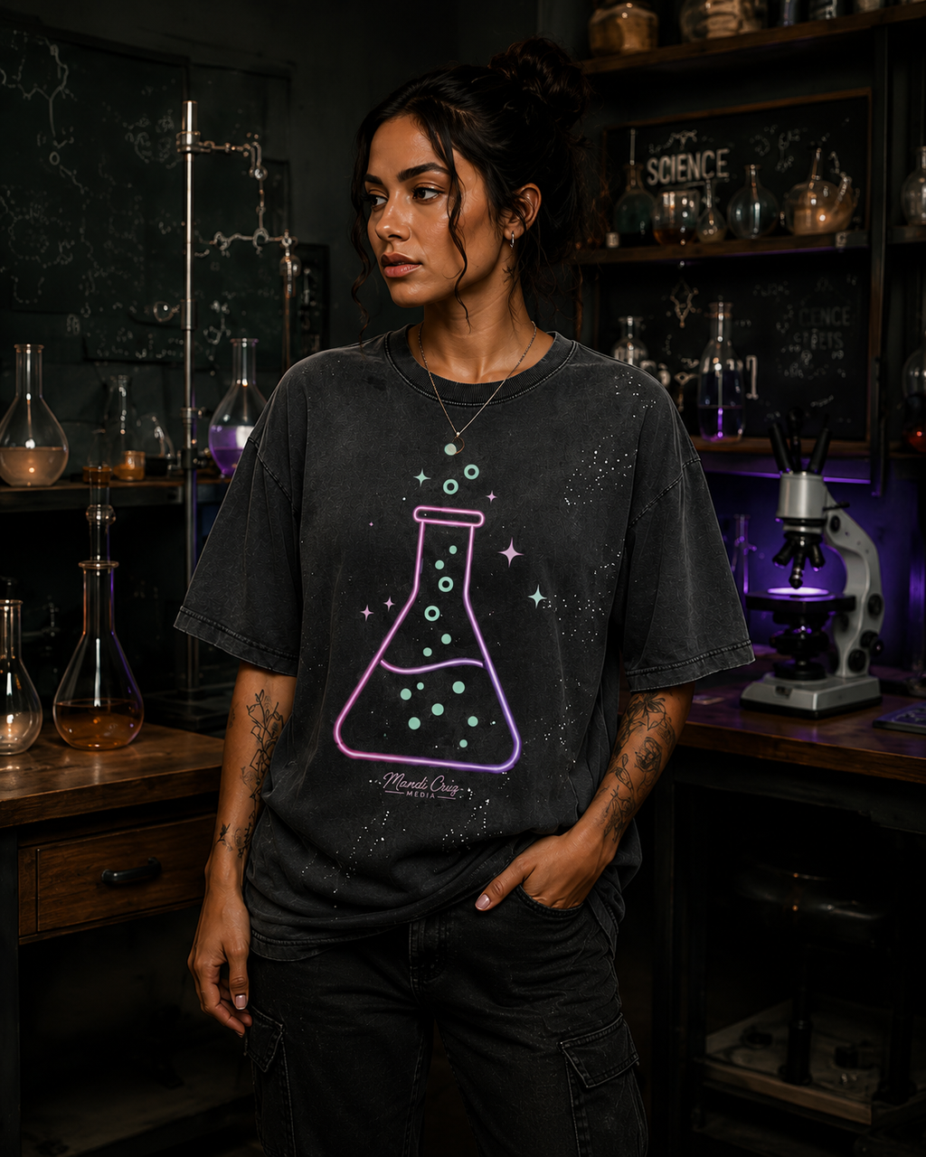 Beaker™ hand-frayed sunfade T-shirt by Mandi Cruz Media styled as oversized vintage science-inspired streetwear.