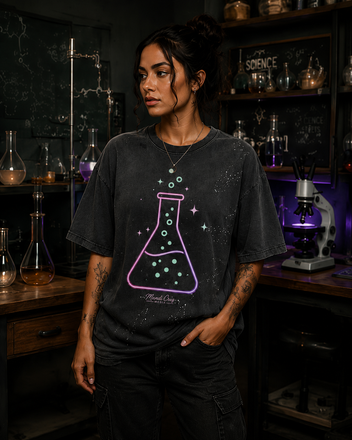 Beaker™ hand-frayed sunfade T-shirt by Mandi Cruz Media styled as oversized vintage science-inspired streetwear.