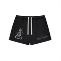 Front view of black Beaker™ Science Meets Stardust fleece sweatshorts by Mandi Cruz Media with drawstring waist and science-inspired graphic.