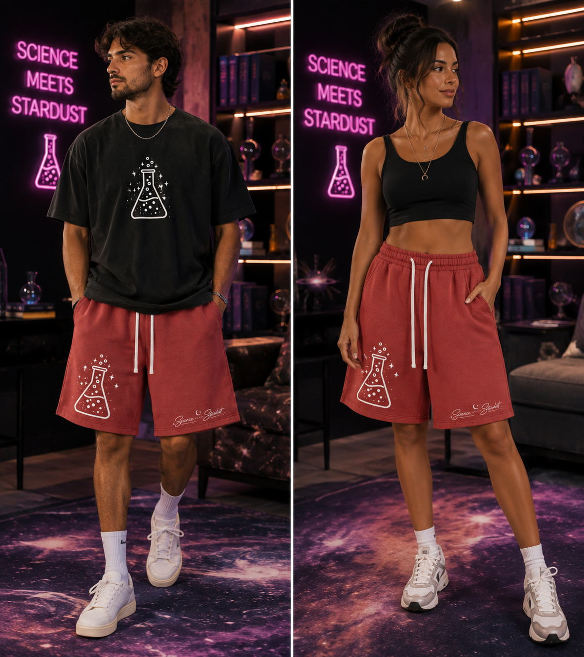 Lifestyle view of Mandi Cruz Media Beaker™ Science Meets Stardust vintage wash fleece shorts styled as casual streetwear.