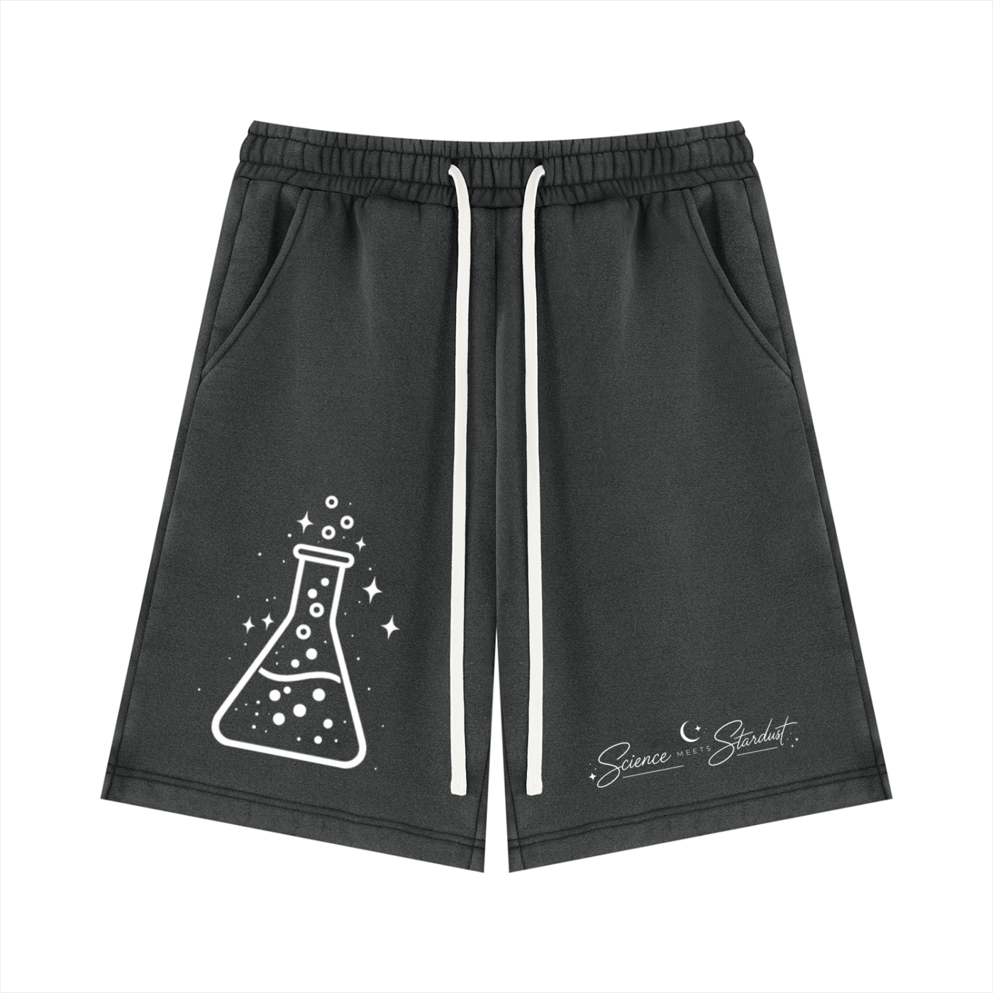 Front view of black Beaker™ vintage wash fleece shorts by Mandi Cruz Media with drawstring waistband and side pockets
