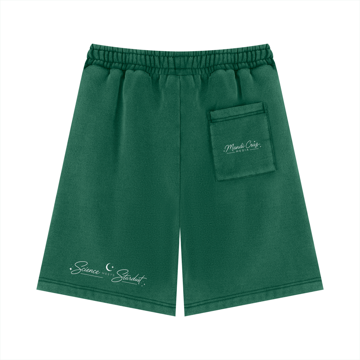 Back view of dark green Beaker™ Science Meets Stardust fleece shorts by Mandi Cruz Media with vintage washed finish.