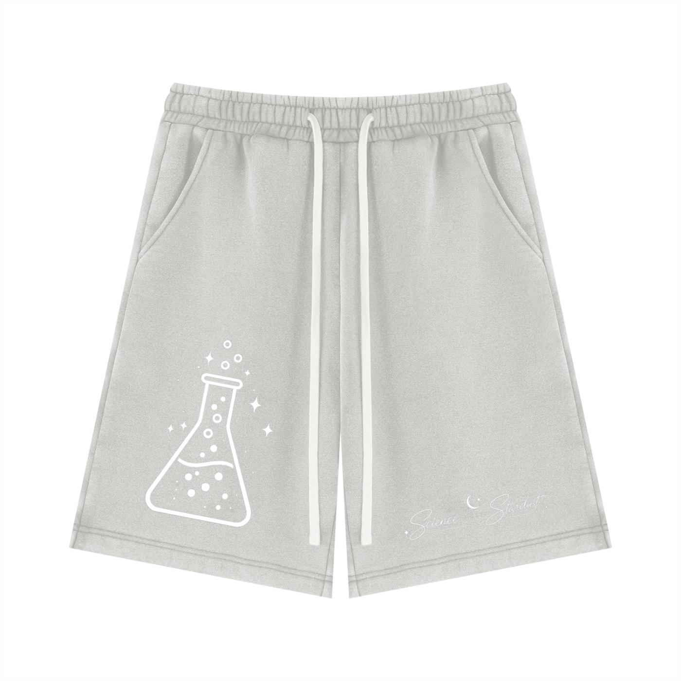 Front view of light gray Beaker™ vintage wash fleece shorts by Mandi Cruz Media with science-inspired graphic and relaxed fit.