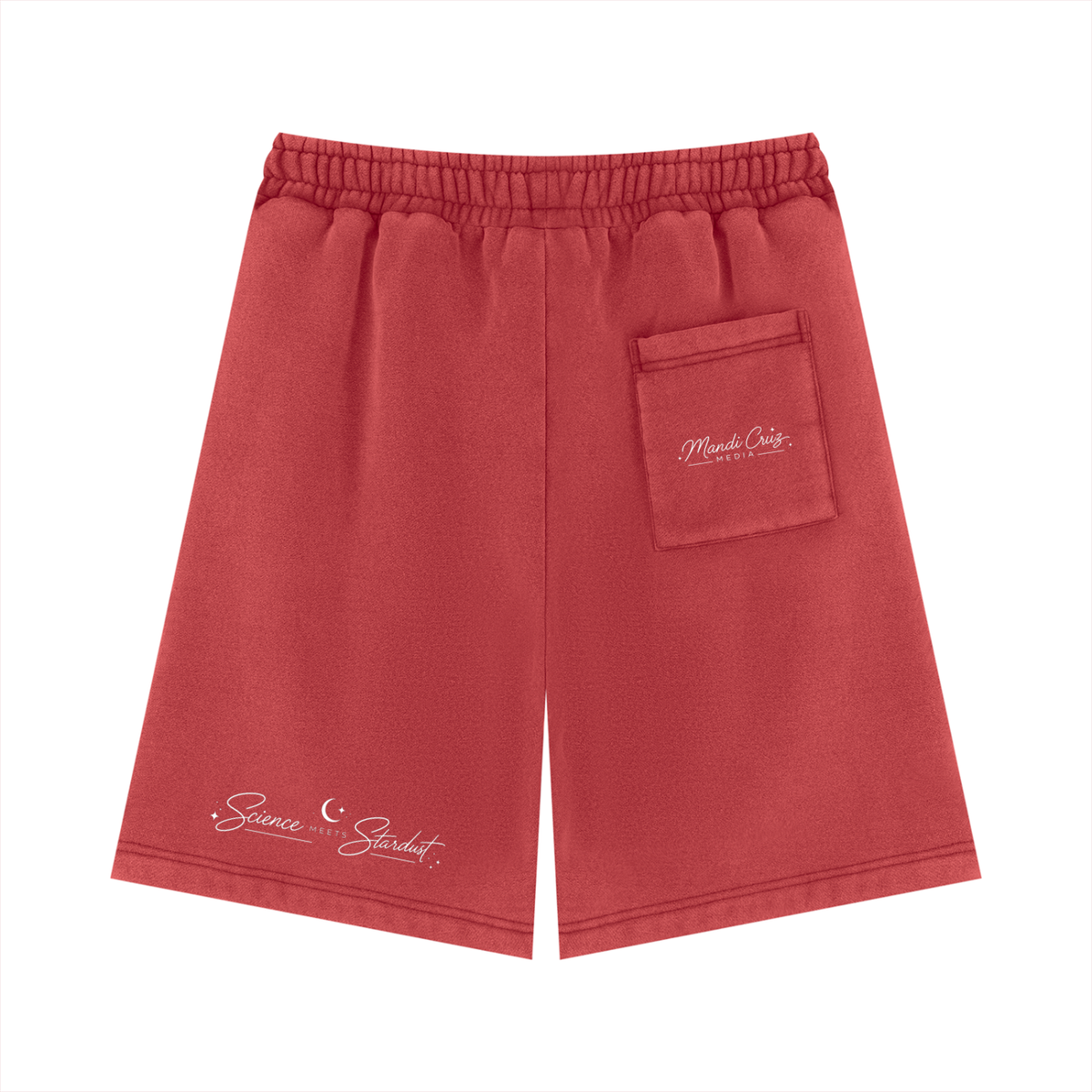Back view of red Beaker™ vintage wash fleece shorts by Mandi Cruz Media featuring Science Meets Stardust™ artwork.
