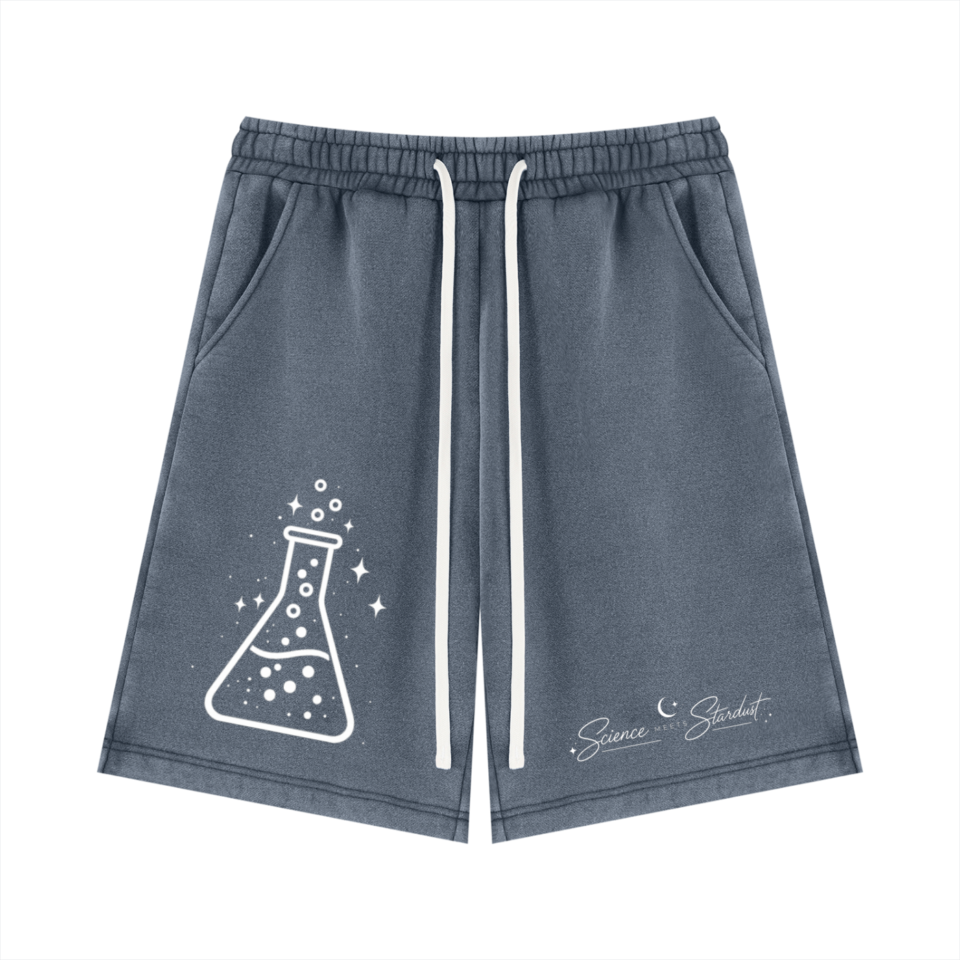 Front view of washed blue Beaker™ vintage wash fleece shorts by Mandi Cruz Media with relaxed unisex streetwear fit.