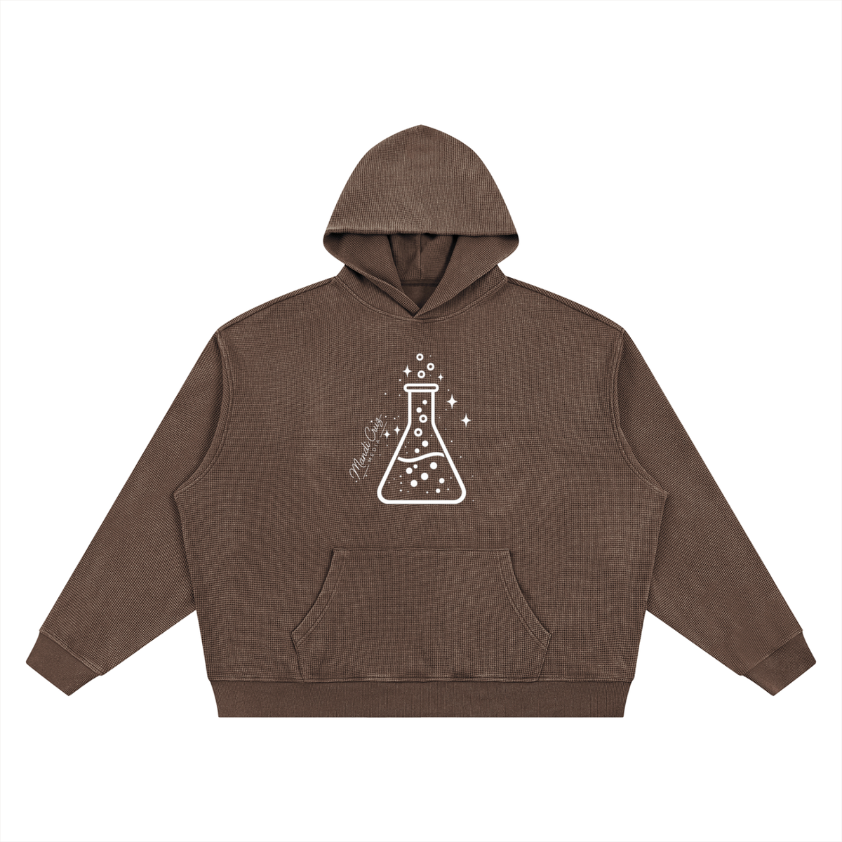 Front view of brown Beaker™ Vintage Wash Waffle Boxy Hoodie by Mandi Cruz Media with heavyweight waffle texture and relaxed unisex fit.