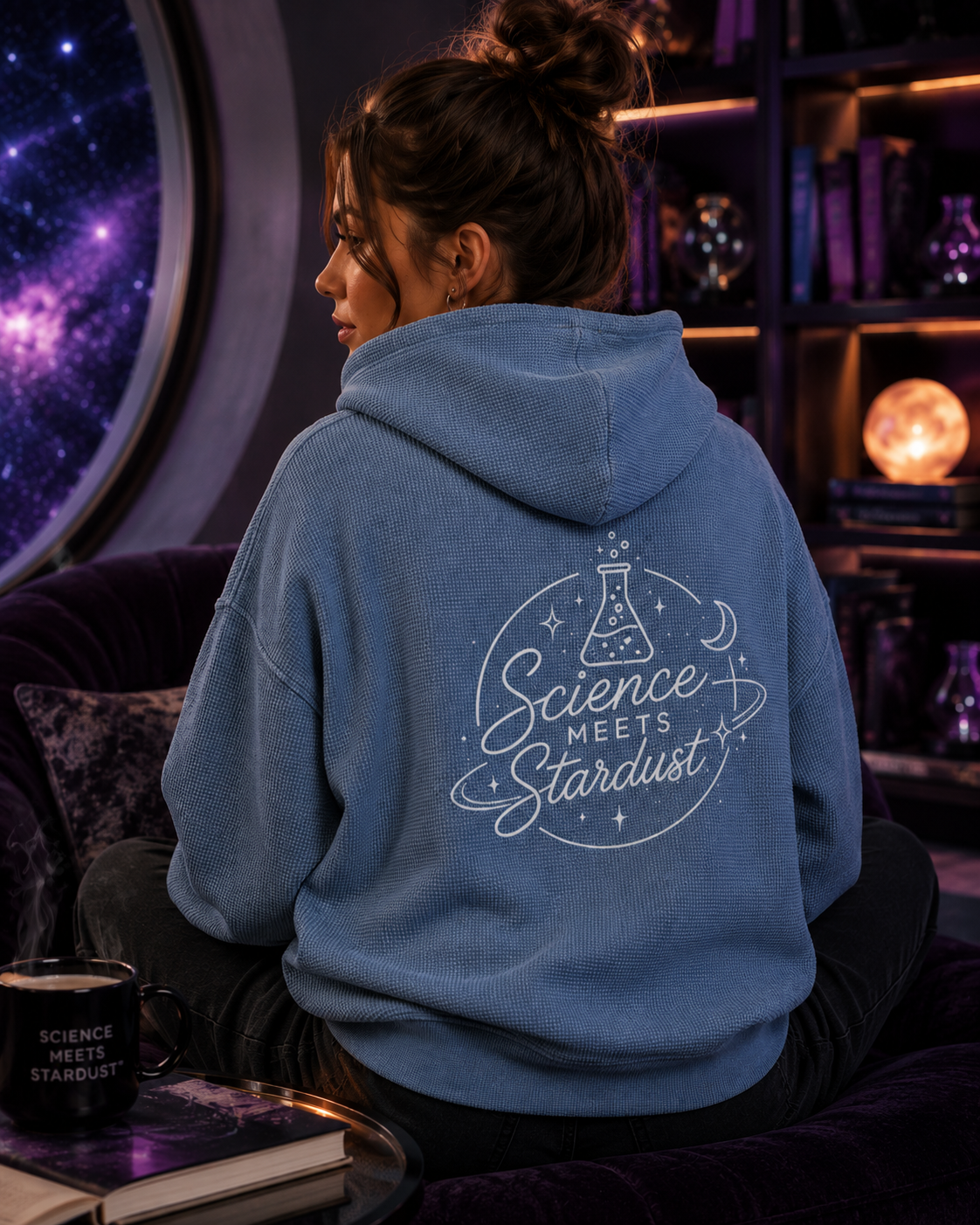 Lifestyle back view of the Beaker™ Vintage Wash Waffle Boxy Hoodie by Mandi Cruz Media showing the oversized fit and signature graphic artwork.