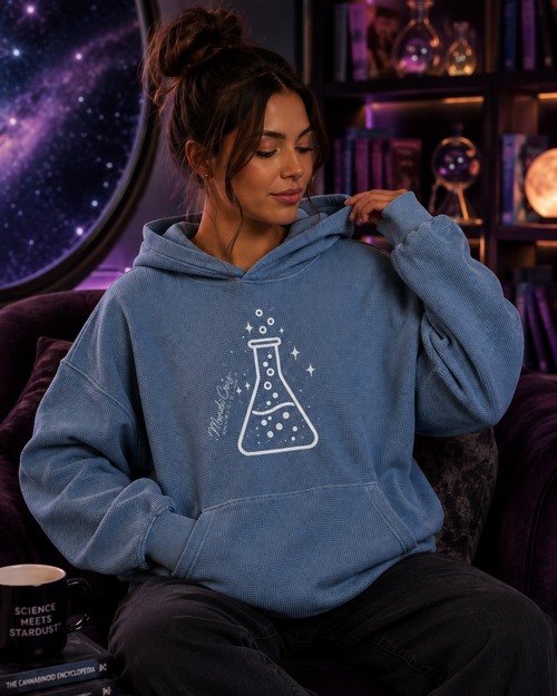 Lifestyle front view of the Beaker™ Vintage Wash Waffle Boxy Hoodie by Mandi Cruz Media styled as relaxed heavyweight unisex streetwear.