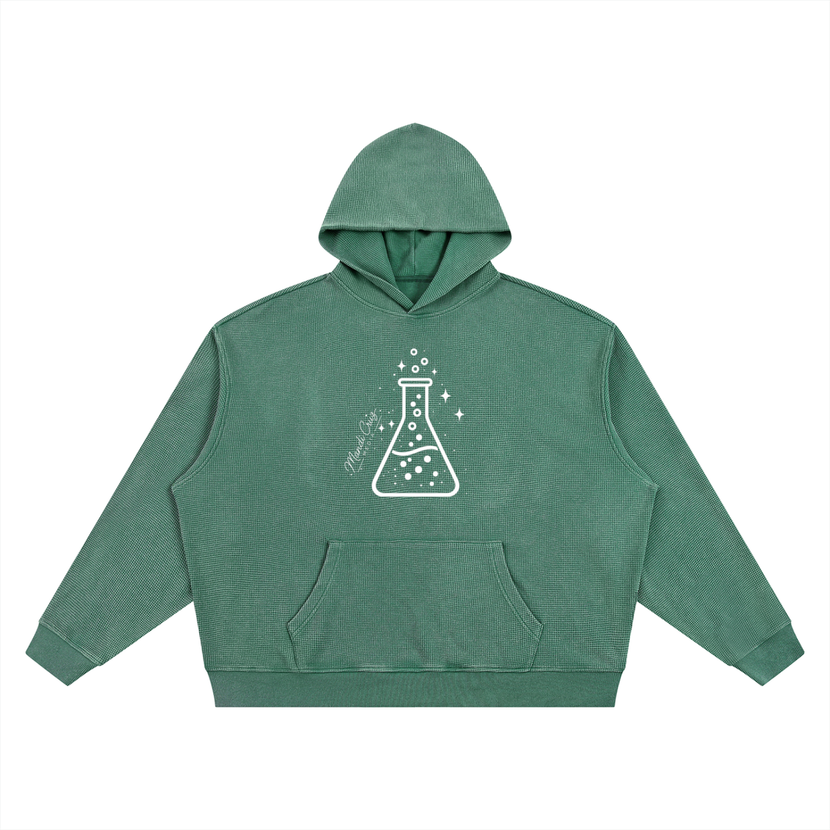 Front view of blackish green Beaker™ waffle boxy hoodie by Mandi Cruz Media with vintage-washed finish and kangaroo pocket.