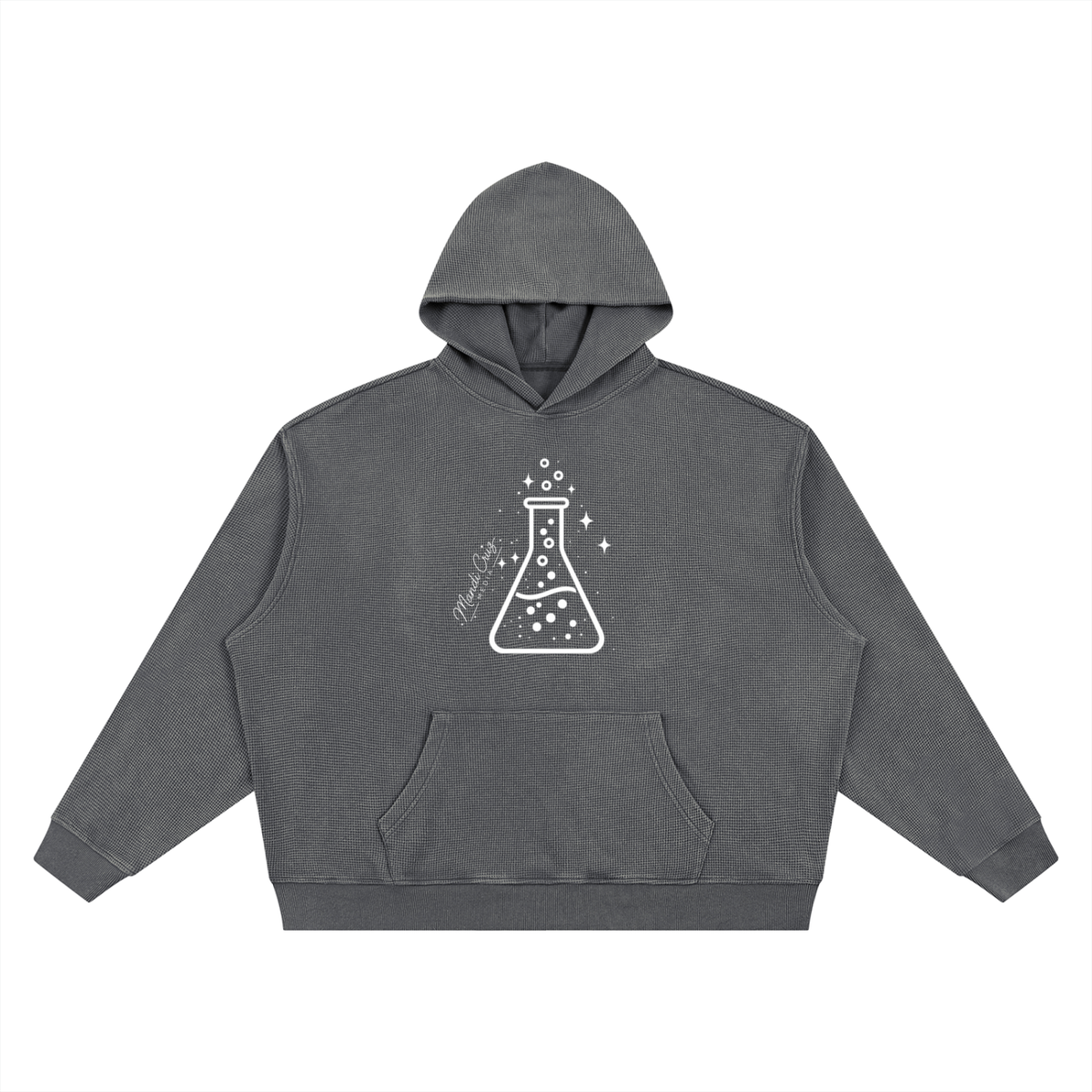 Front view of dark gray Beaker™ waffle boxy hoodie by Mandi Cruz Media with heavyweight vintage-washed finish