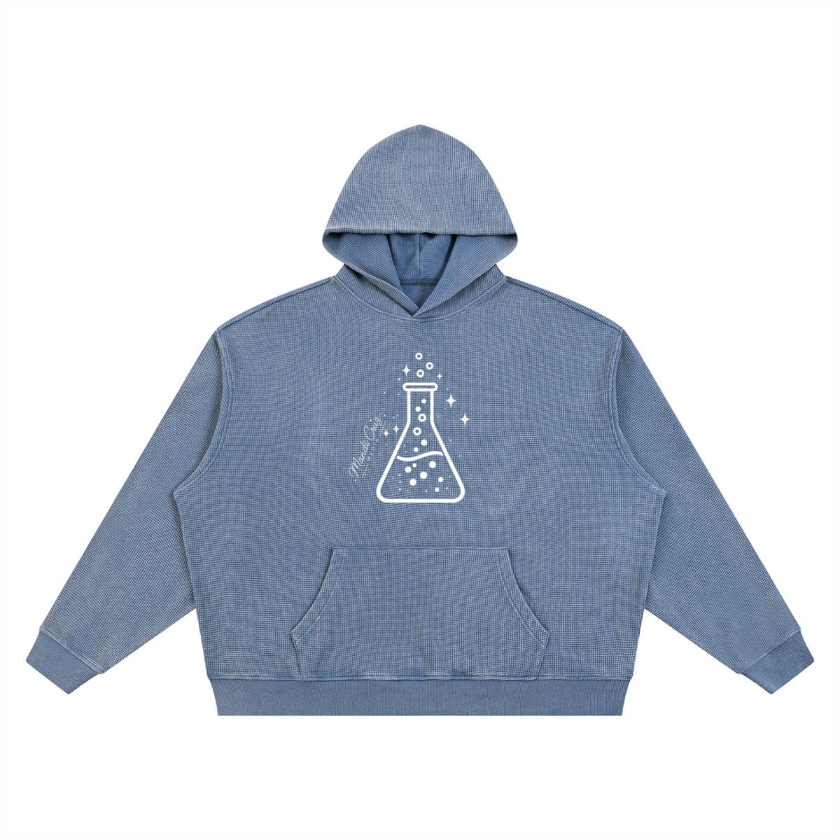 Front view of jeans blue Beaker™ Vintage Wash Waffle Boxy Hoodie by Mandi Cruz Media with textured heavyweight fabric.
Jeans Blue — Back	beaker-waffle-boxy-hoodie-jeans-blue-back	Back view of j