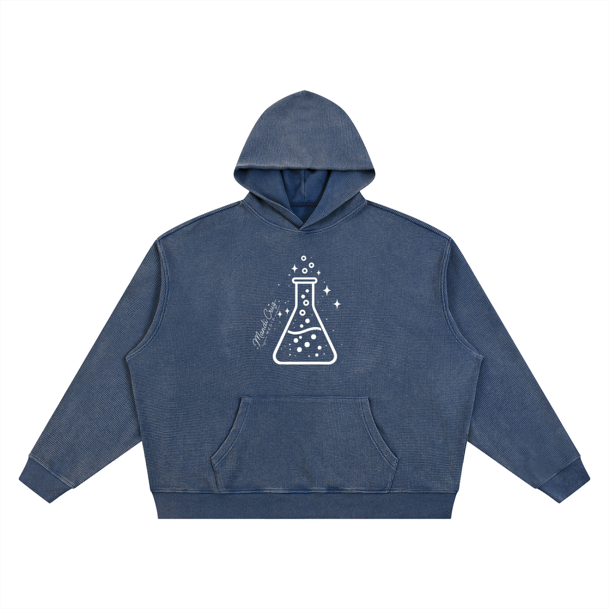 Front view of navy blue Beaker™ Vintage Wash Waffle Boxy Hoodie by Mandi Cruz Media with relaxed oversized fit.