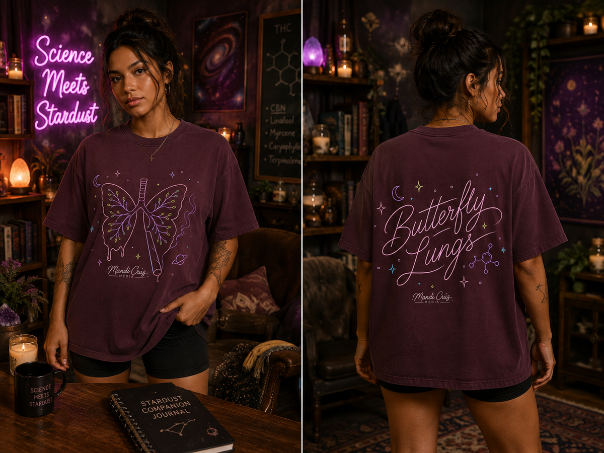 Lifestyle view of the Butterfly Lungs™ heavyweight vintage washed T-shirt by Mandi Cruz Media styled as relaxed unisex streetwear.