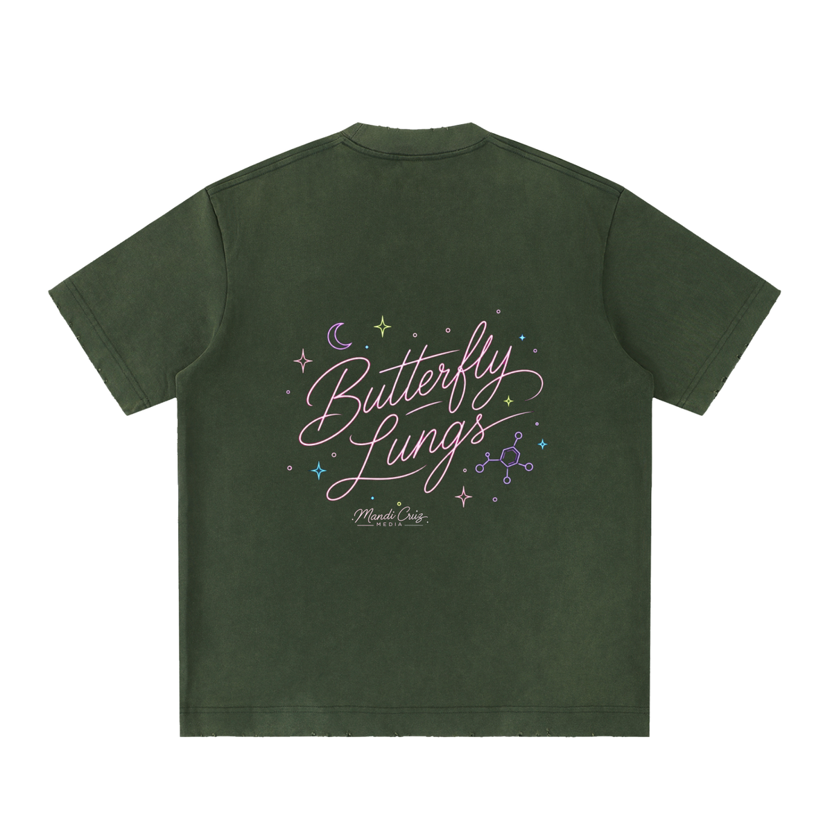 Back view of Army Green Butterfly Lungs™ heavyweight T-shirt by Mandi Cruz Media featuring science-inspired artwork.