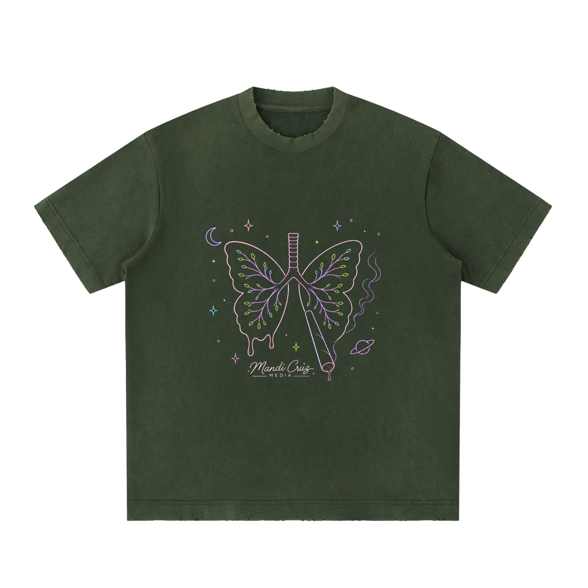 Front view of Army Green Butterfly Lungs™ heavyweight vintage washed T-shirt by Mandi Cruz Media with frayed detailing.
